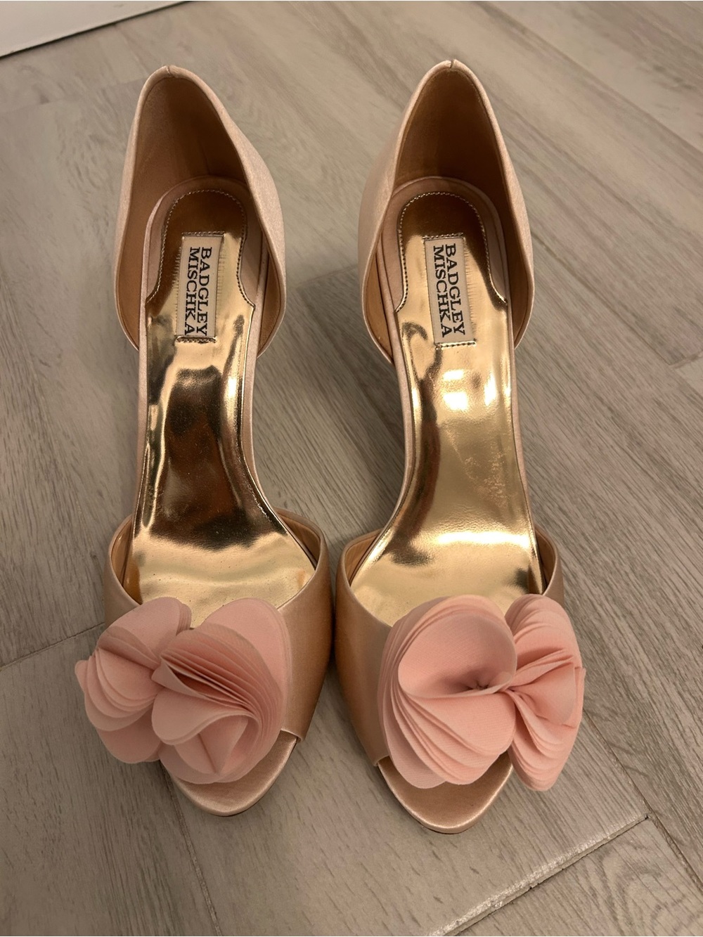 Badgley Mischka Blush Pink Satin Peep-Toe Heels with Floral Applique